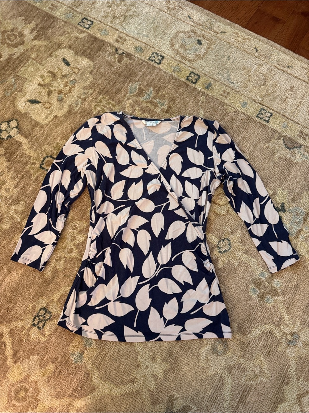 Boden Women's Navy Blue Wrap-Style Top with Cream Leaf Print size 8P
